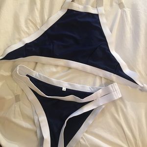 2 piece navy and white swimsuit